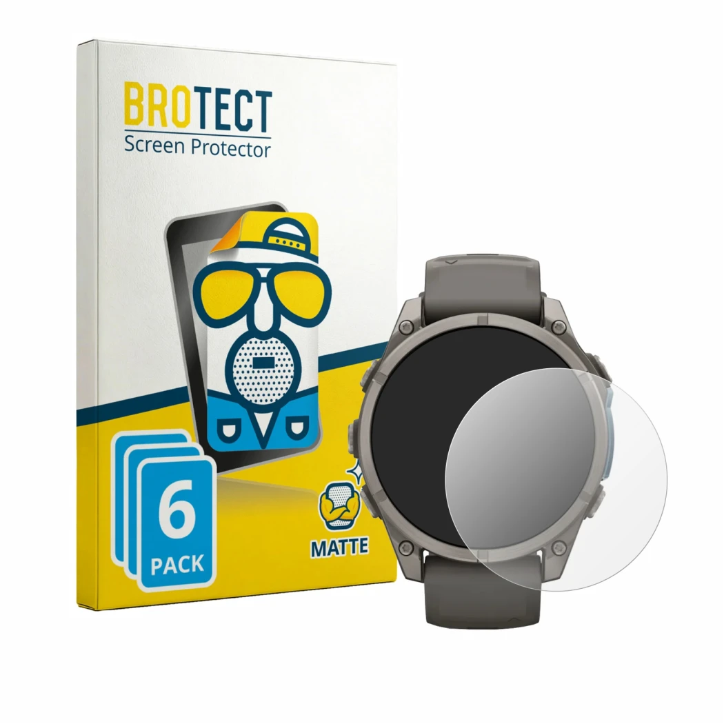 Front side of a product packaging with the brand logo BROTECT. Next to it is the device Garmin Fenix 9 (47 mm) shown with the