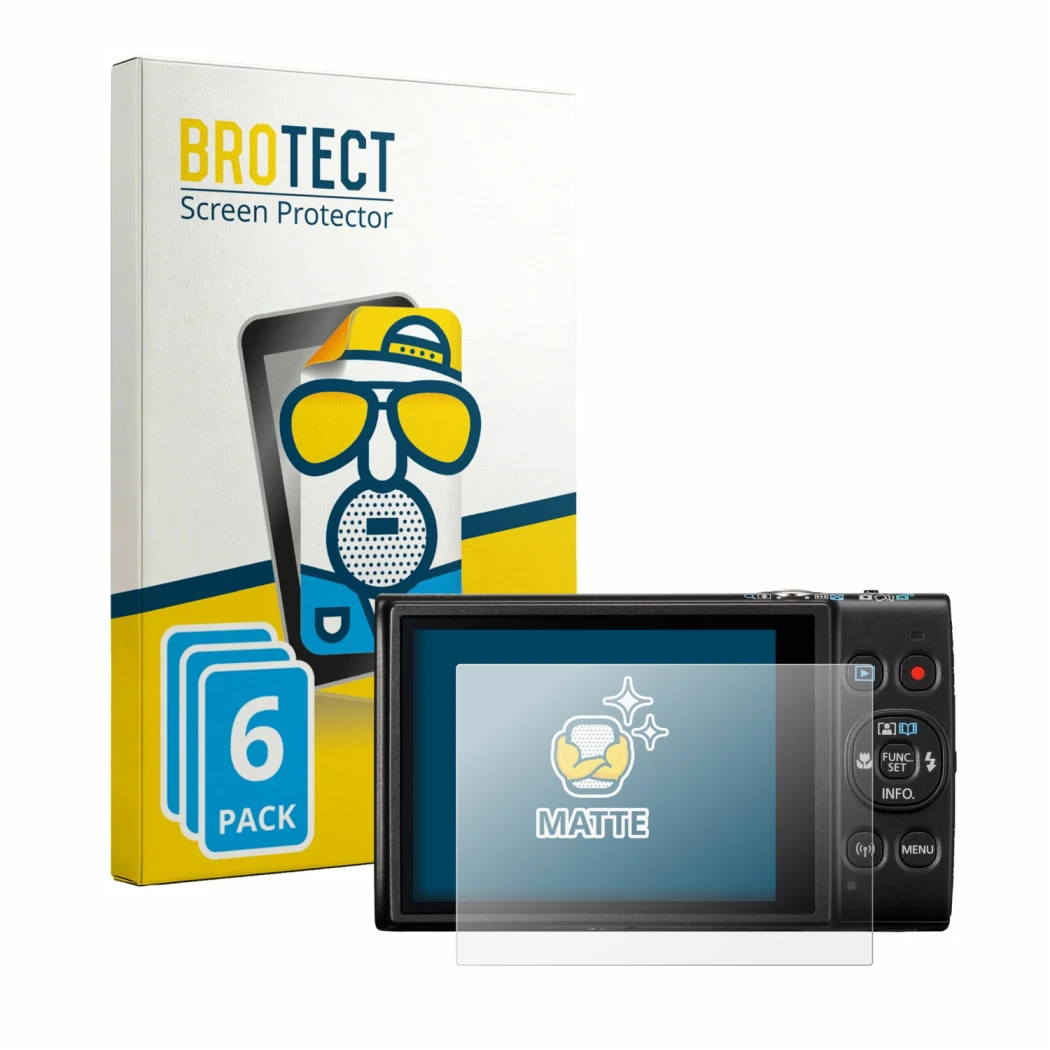 Front side of a product packaging with the brand logo BROTECT. Next to it is the device Canon IXUS 285 HS A shown with the cor