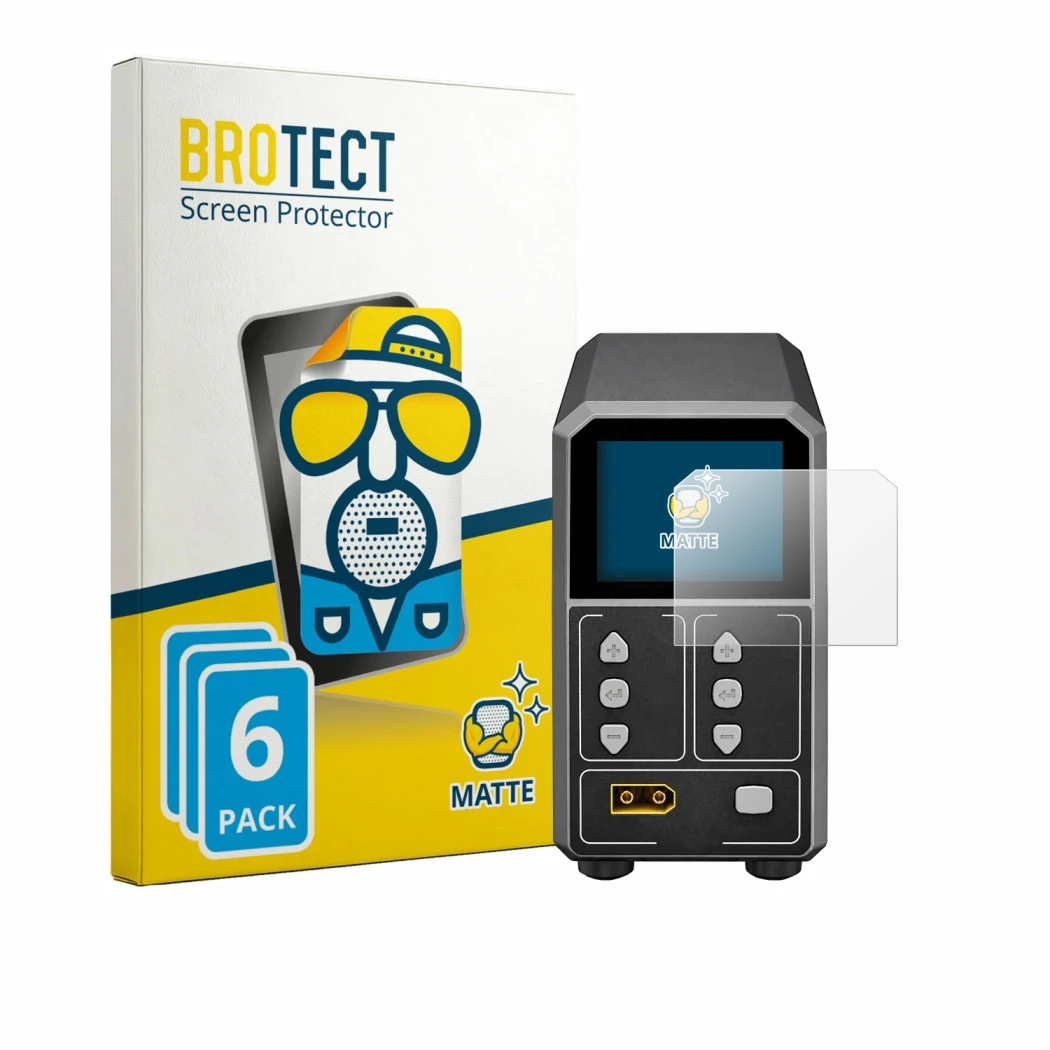 Front side of a product packaging with the brand logo BROTECT. Next to it is the device SkyRc eFuel PSU2000 shown with the cor