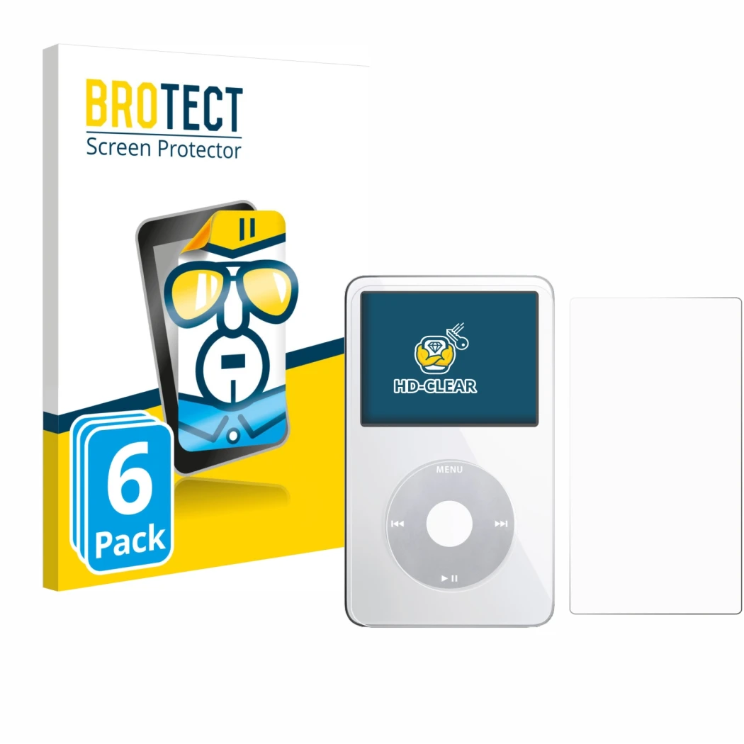 Front side of a product packaging with the brand logo BROTECT. Next to it is the device Apple iPod Classic Video (Front+Back) 