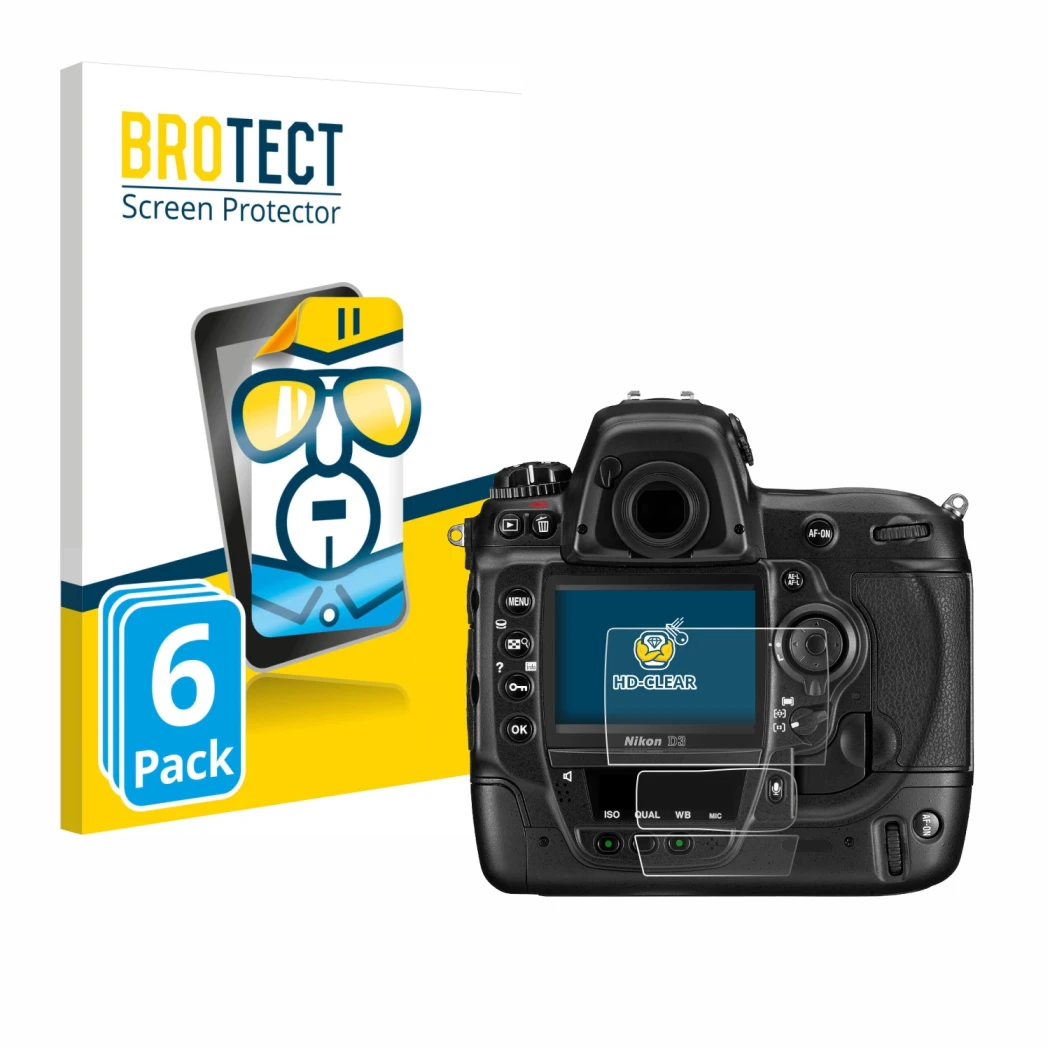 Front side of a product packaging with the brand logo BROTECT. Next to it is the device Nikon D3 shown with the corresponding