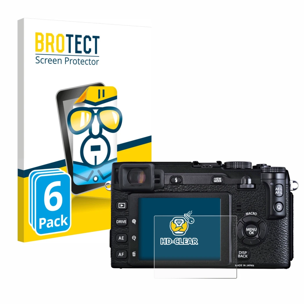 Front side of a product packaging with the brand logo BROTECT. Next to it is the device Fujifilm X-E1 shown with the correspon