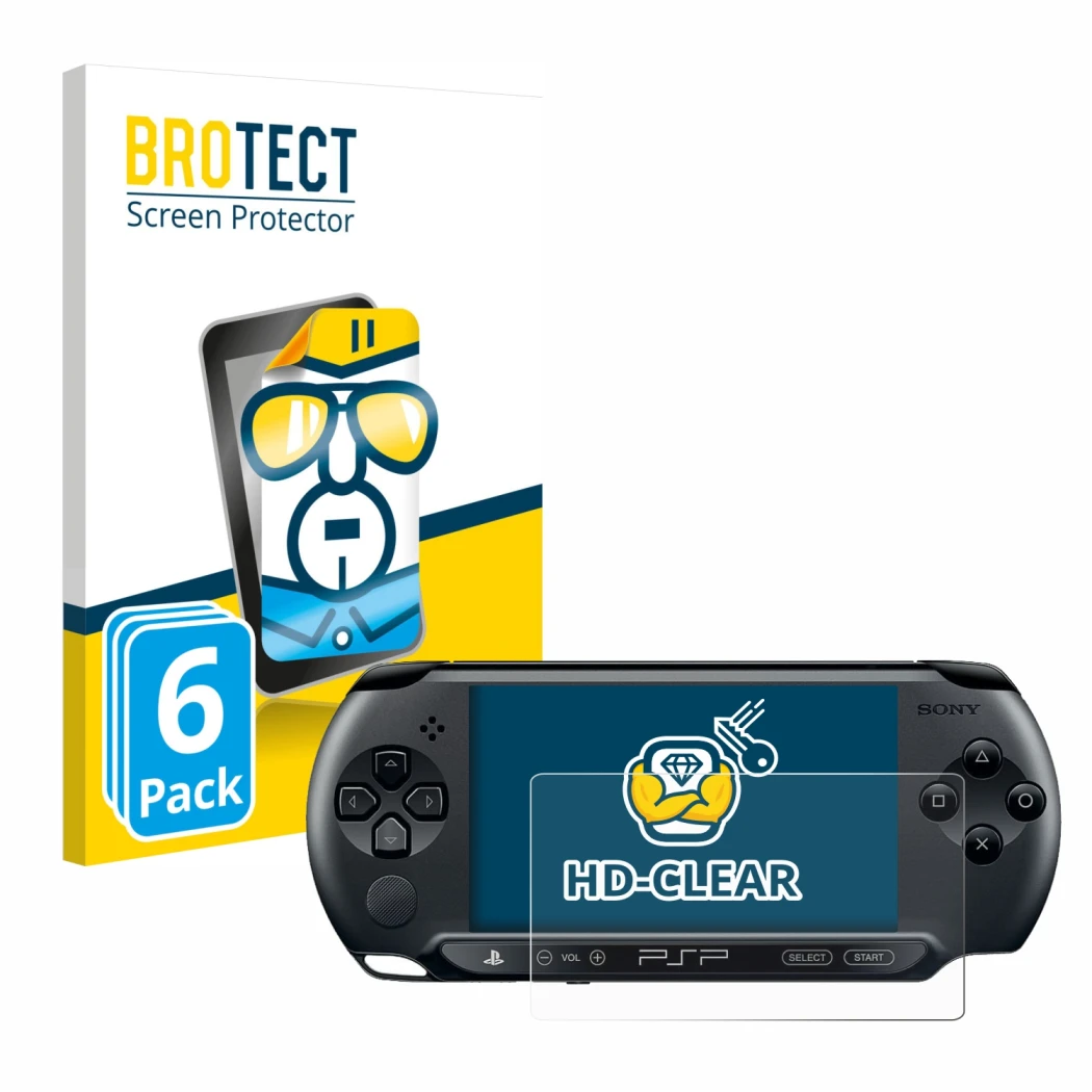 Front side of a product packaging with the brand logo BROTECT. Next to it is the device Sony PSP 1004 shown with the correspon