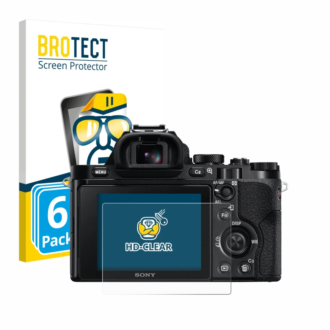 Front side of a product packaging with the brand logo BROTECT. Next to it is the device Sony Alpha 7 (ILCE-7) shown with the c