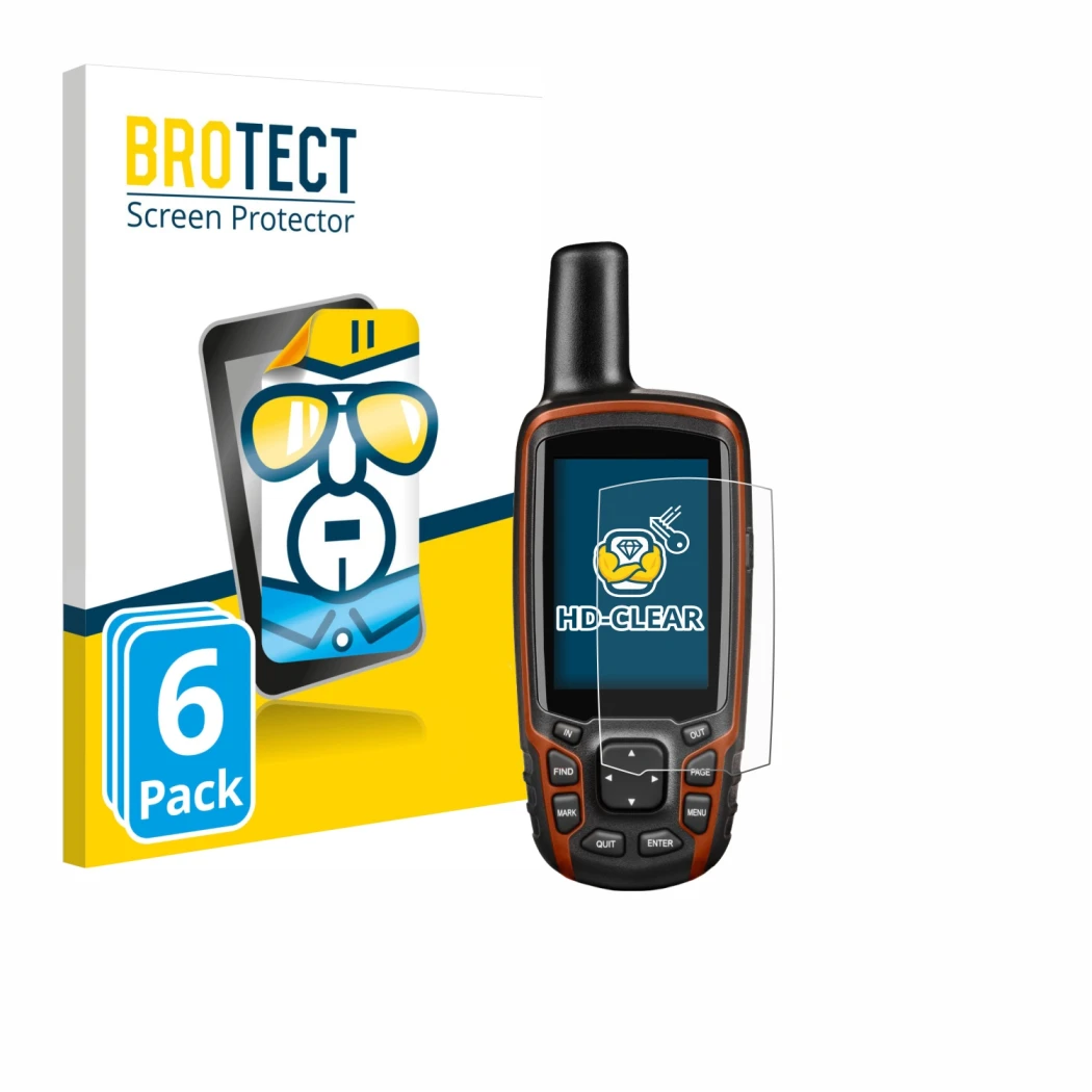 Front side of a product packaging with the brand logo BROTECT. Next to it is the device Garmin GPSMAP 64s shown with the corre