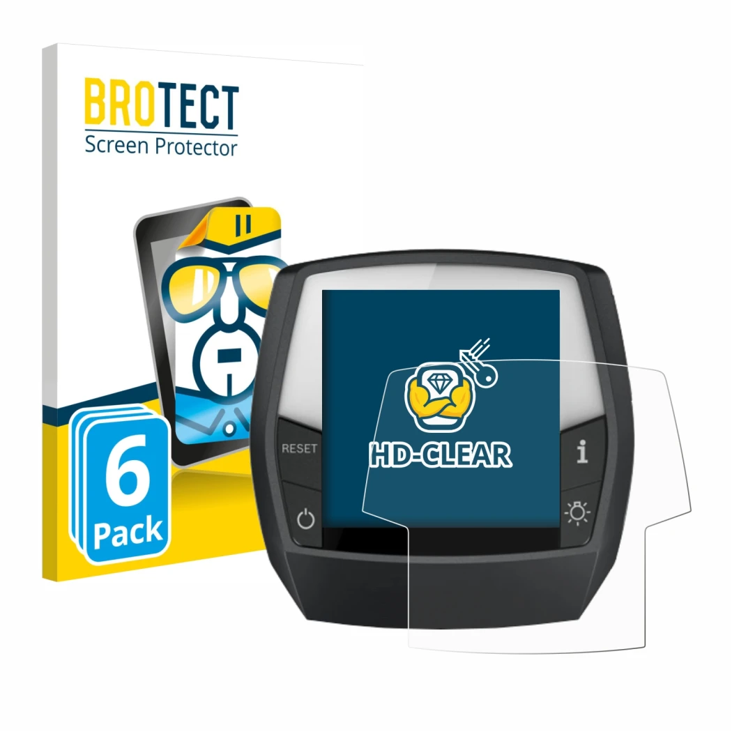 Front side of a product packaging with the brand logo BROTECT. Next to it is the device Bosch Intuvia Active Line shown with t
