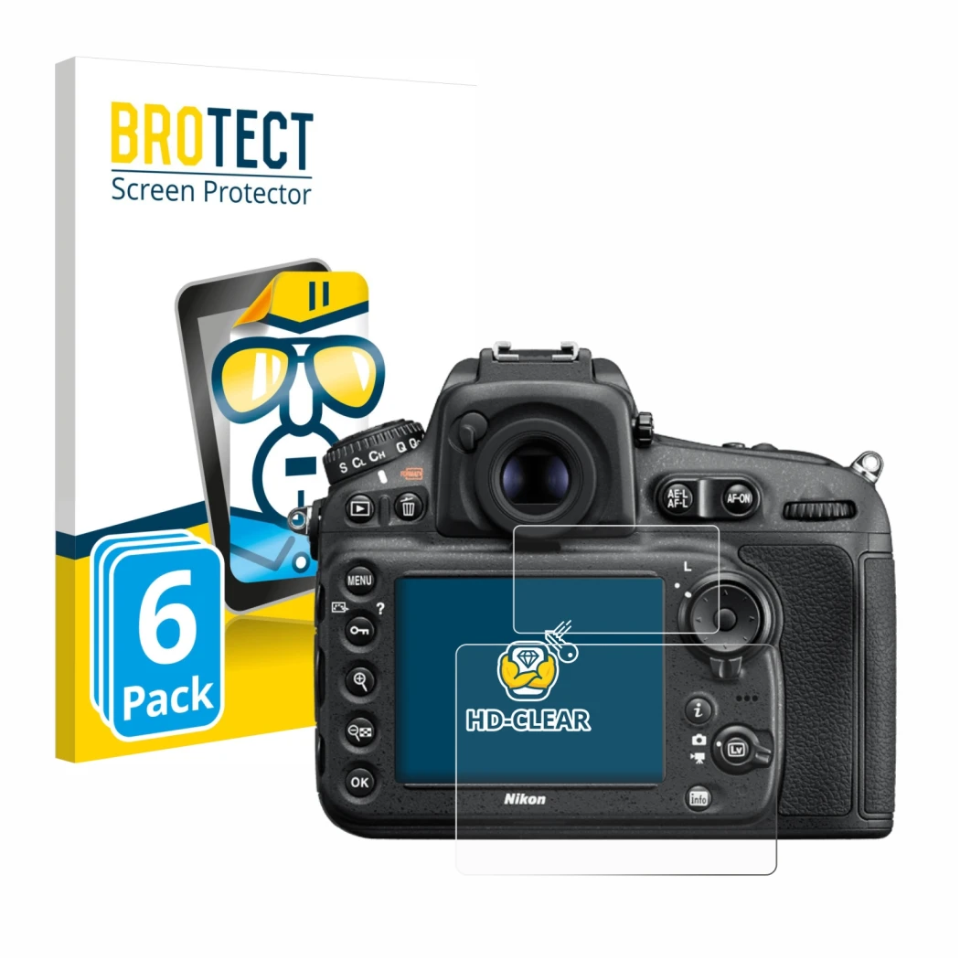 Front side of a product packaging with the brand logo BROTECT. Next to it is the device Nikon D810 shown with the correspondin