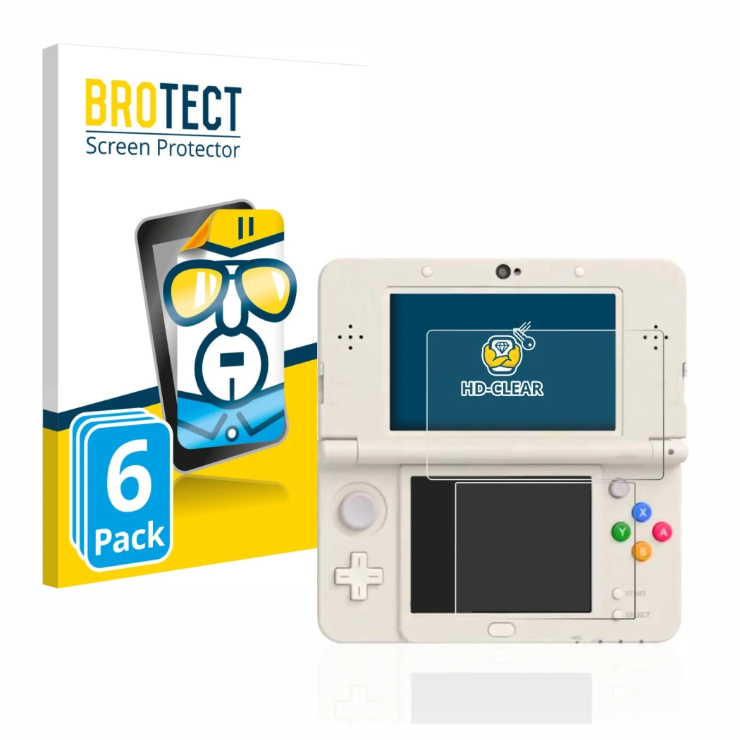Front side of a product packaging with the brand logo BROTECT. Next to it is the device Nintendo New 3DS shown with the corres