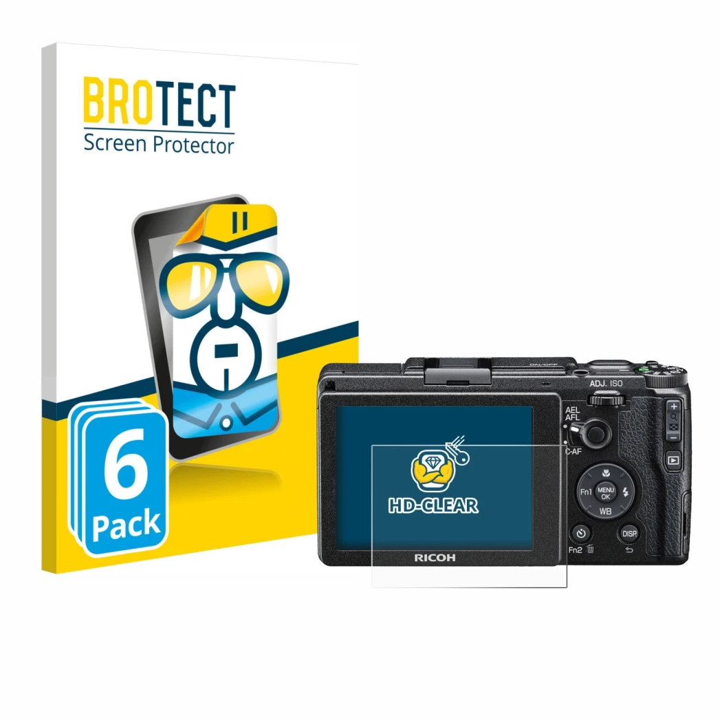 Front side of a product packaging with the brand logo BROTECT. Next to it is the device Ricoh GR II 2015 shown with the corres
