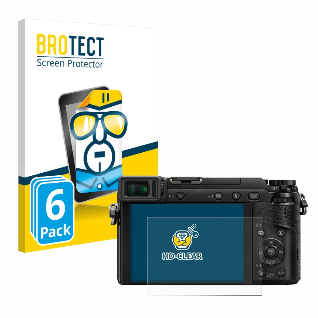 Front side of a product packaging with the brand logo BROTECT. Next to it is the device Panasonic Lumix DMC-GX80 shown with th