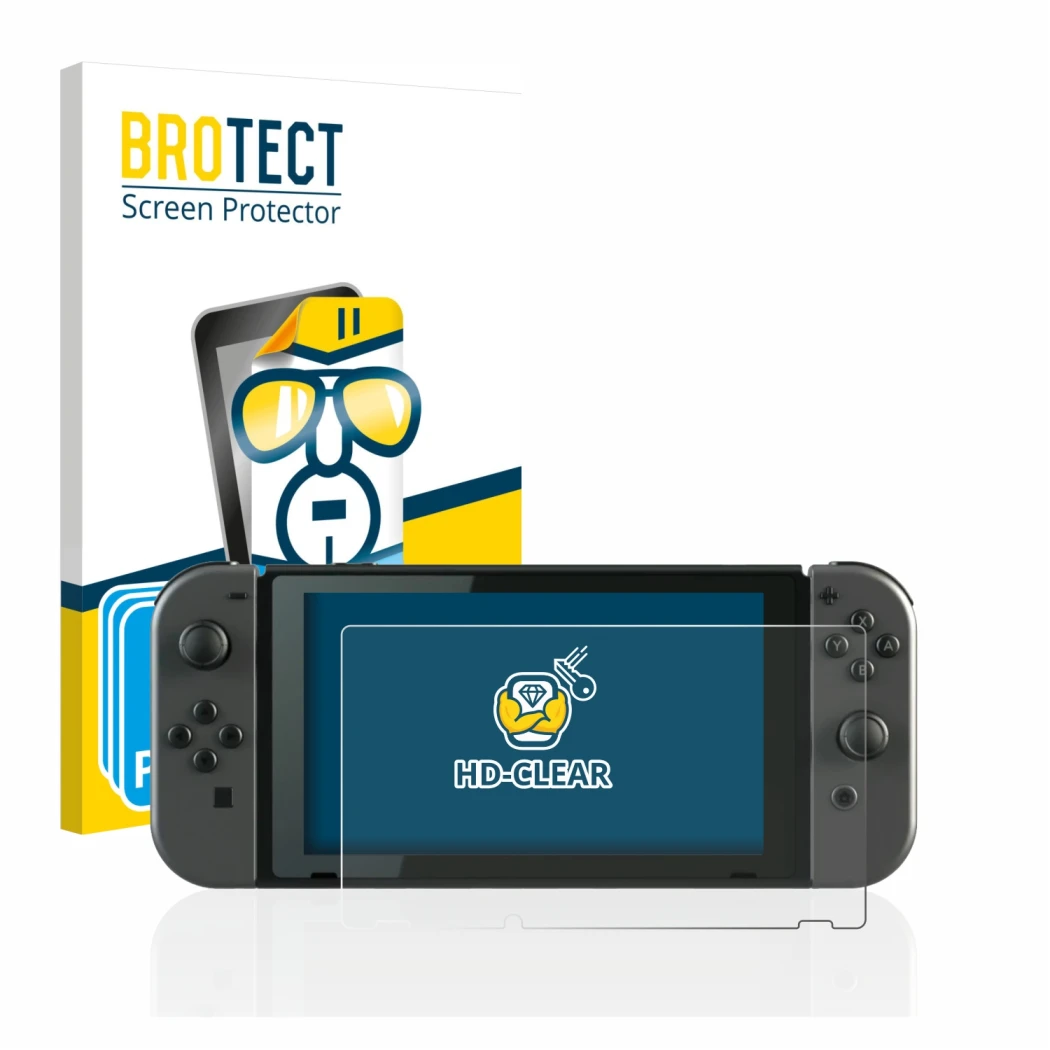 Front side of a product packaging with the brand logo BROTECT. Next to it is the device Nintendo Switch shown with the corresp