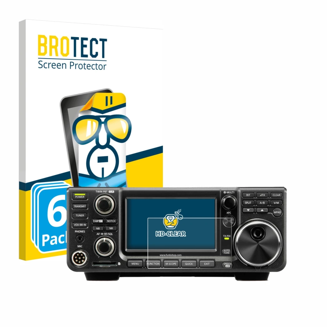 Front side of a product packaging with the brand logo BROTECT. Next to it is the device Icom IC-7300 shown with the correspond