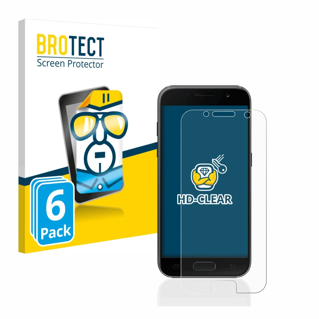 Front side of a product packaging with the brand logo BROTECT. Next to it is the device Samsung Galaxy A3 2017 shown with the
