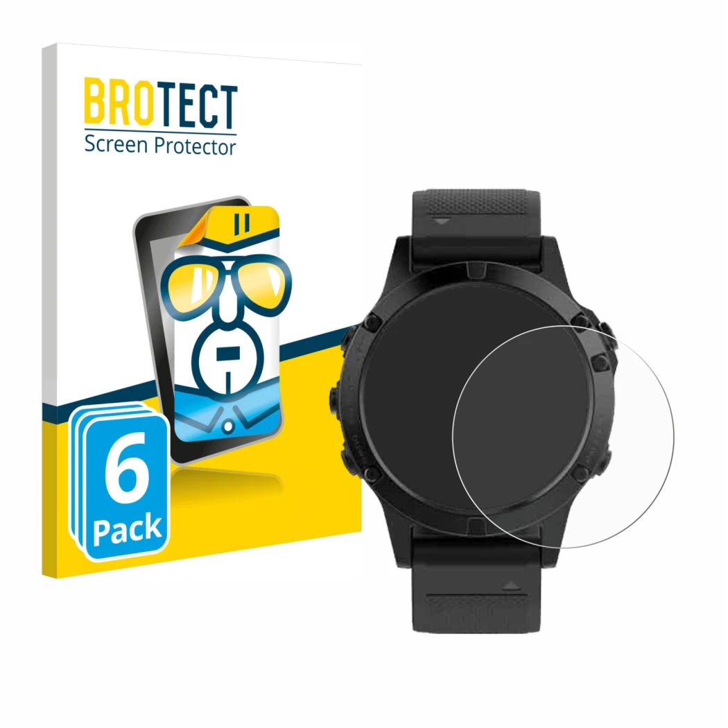 Front side of a product packaging with the brand logo BROTECT. Next to it is the device Garmin Fenix 5 (47 mm) shown with the 