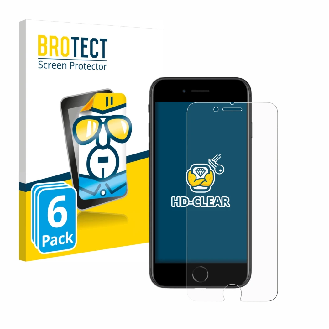 Front side of a product packaging with the brand logo BROTECT. Next to it is the device Apple iPhone SE 2 2020 shown with the 