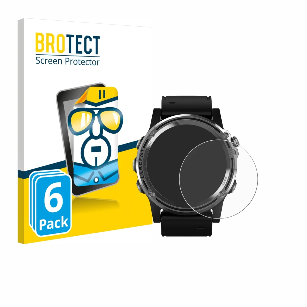 Front side of a product packaging with the brand logo BROTECT. Next to it is the device Garmin Descent Mk1 shown with the corr