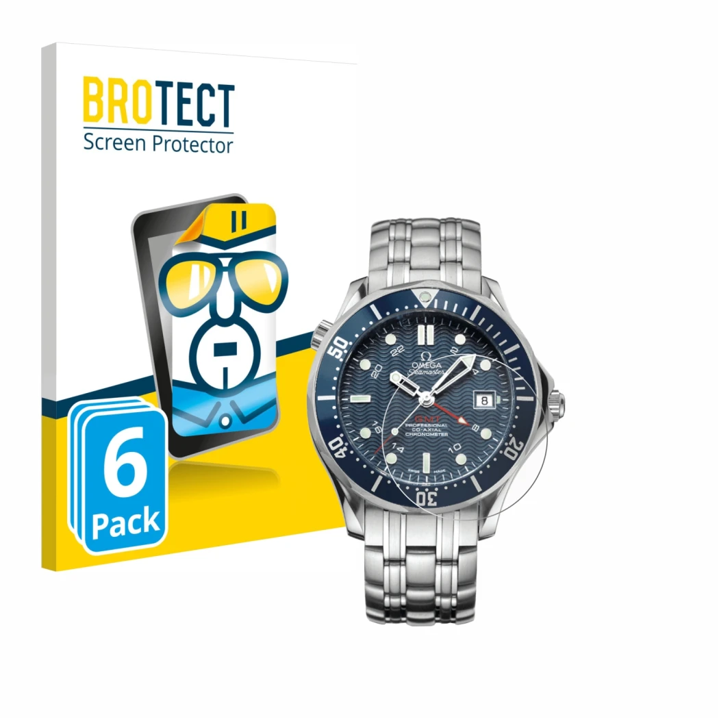 Front side of a product packaging with the brand logo BROTECT. Next to it is the device Omega Seamaster Diver (41 mm) shown wi