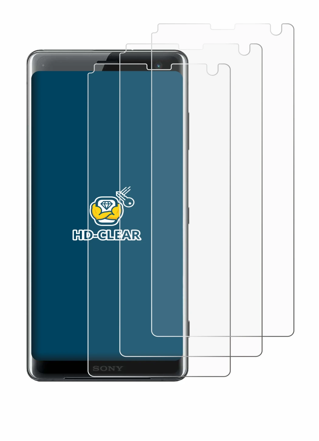 Image of the device Sony Xperia XZ3 with a wide variety of screen protectors.