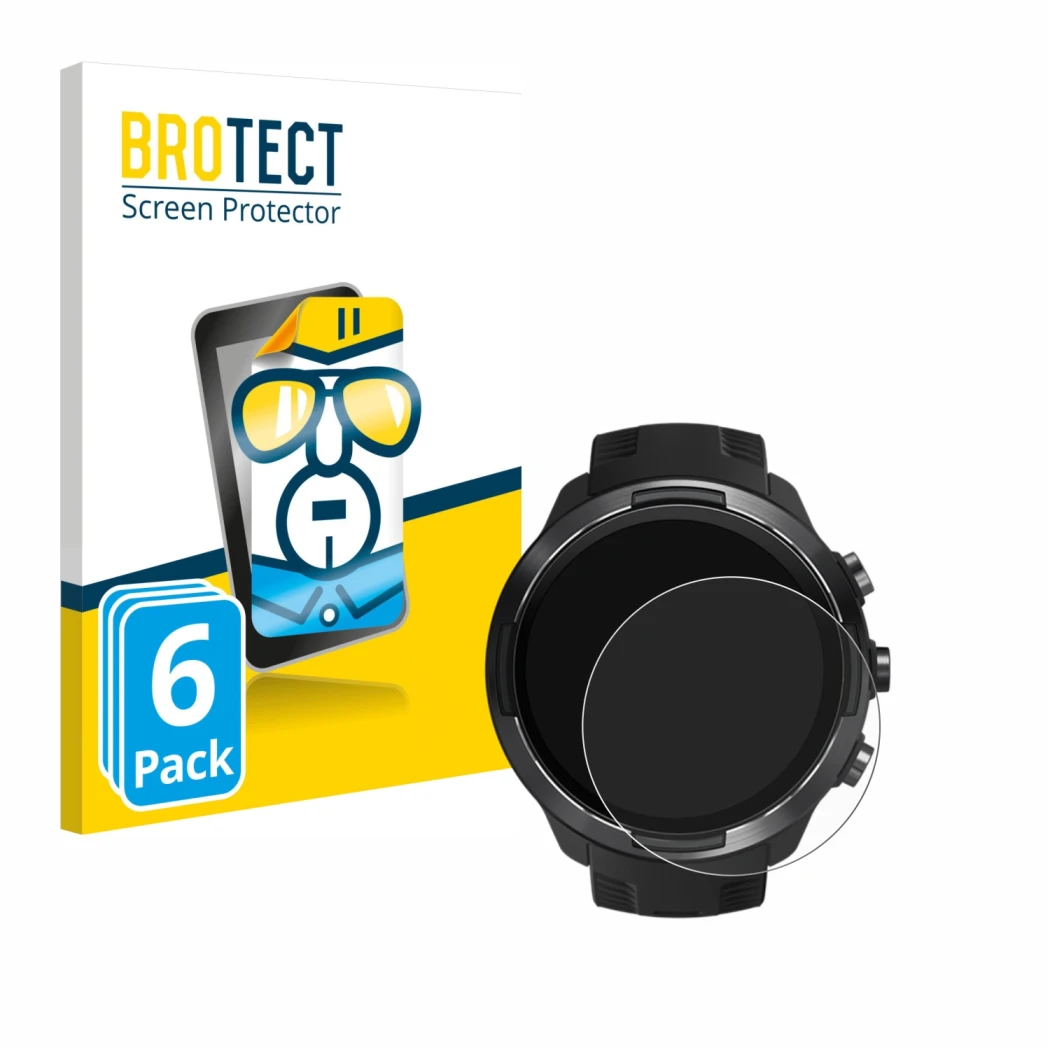 Front side of a product packaging with the brand logo BROTECT. Next to it is the device Suunto 9 shown with the corresponding