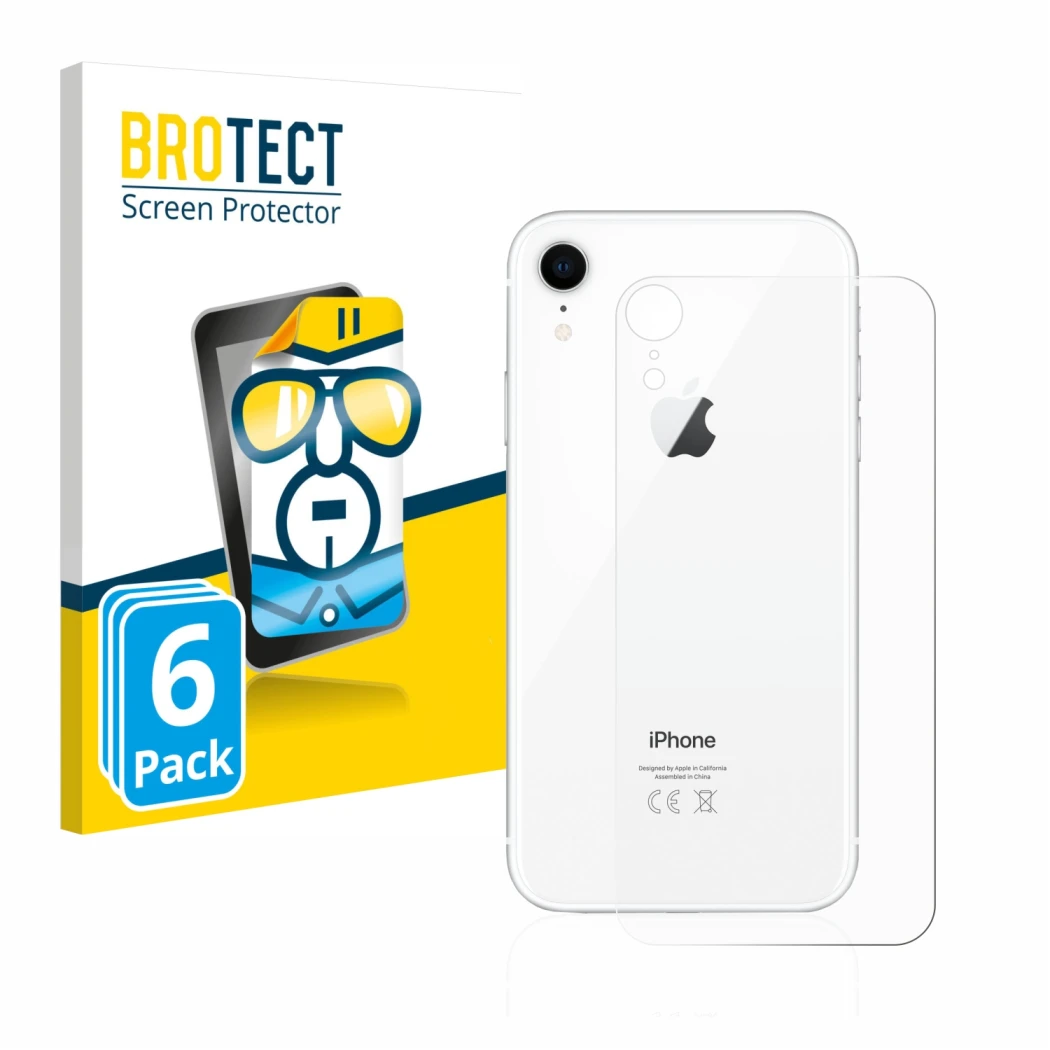 Front side of a product packaging with the brand logo BROTECT. Next to it is the device Apple iPhone XR (Back) shown with the