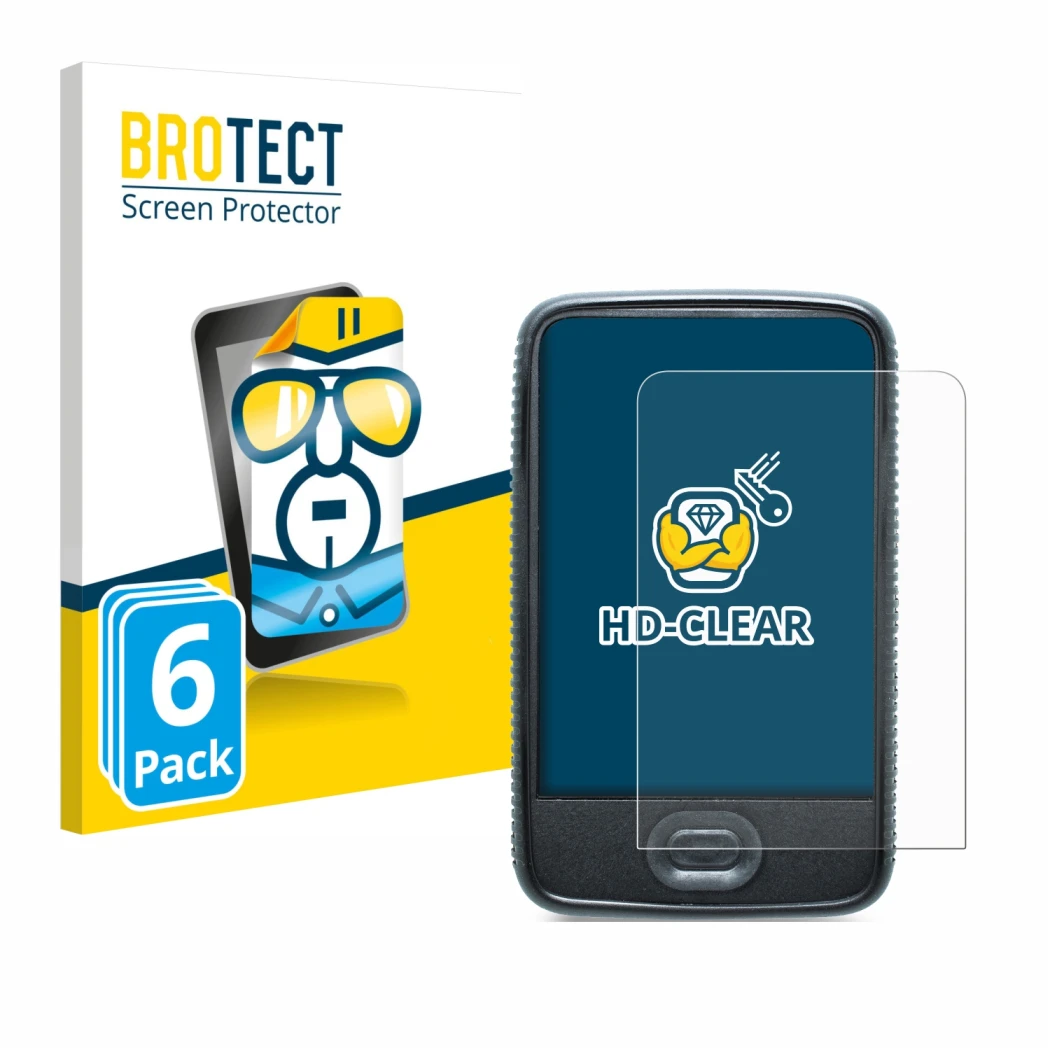 Front side of a product packaging with the brand logo BROTECT. Next to it is the device Dexcom G6 Receiver CGM shown with the