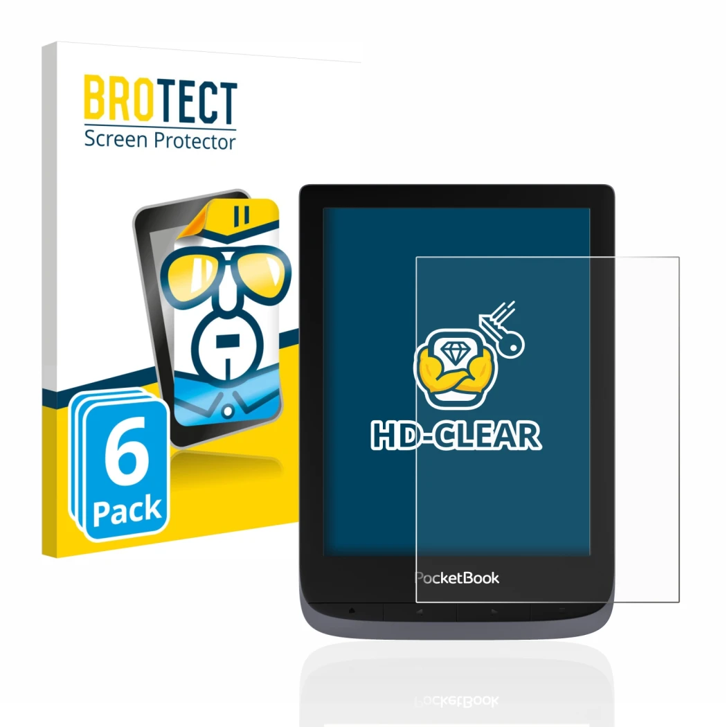 Front side of a product packaging with the brand logo BROTECT. Next to it is the device PocketBook Touch HD 3 shown with the c