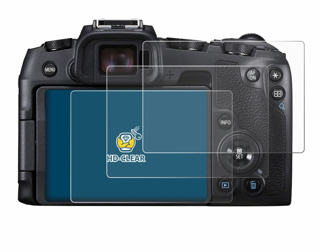 Image of the device Canon EOS RP with a wide variety of screen protectors.