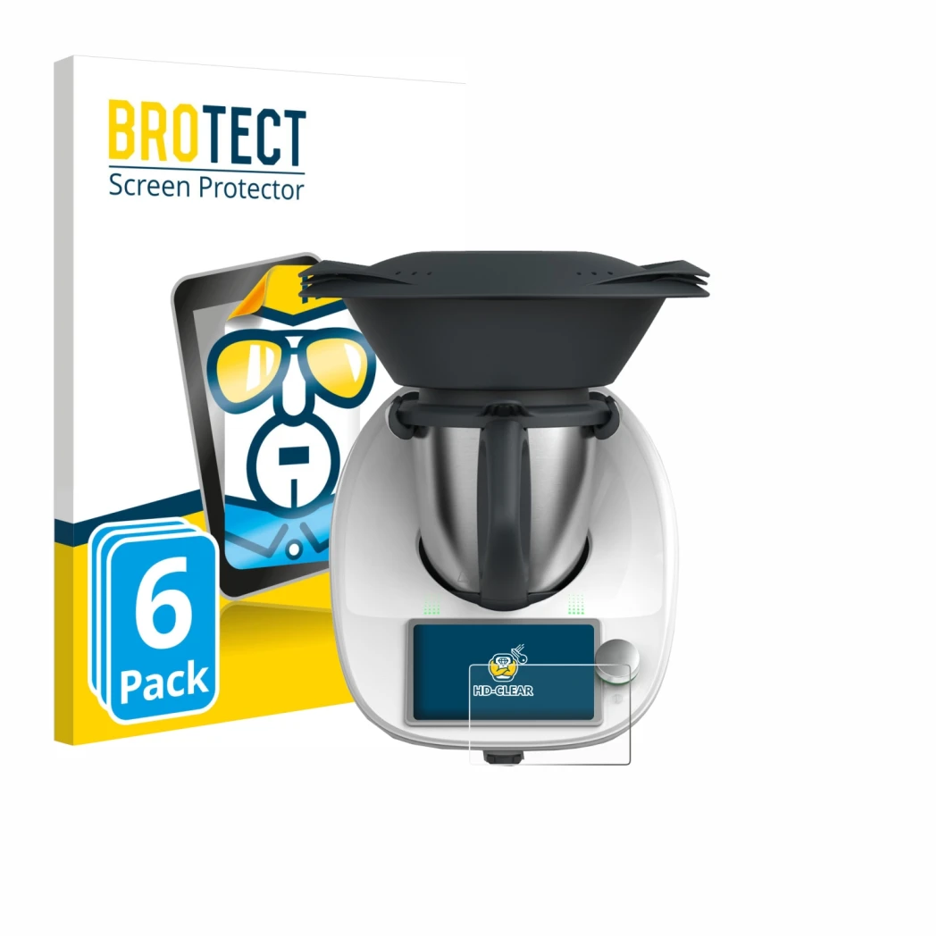 Front side of a product packaging with the brand logo BROTECT. Next to it is the device Vorwerk Thermomix TM6 shown with the c