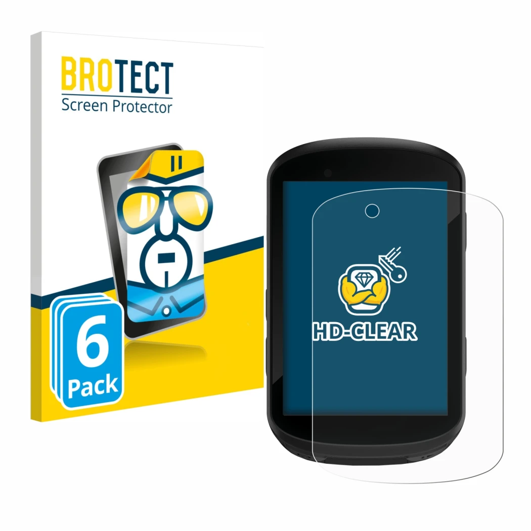 Front side of a product packaging with the brand logo BROTECT. Next to it is the device Garmin Edge 830 shown with the corresp