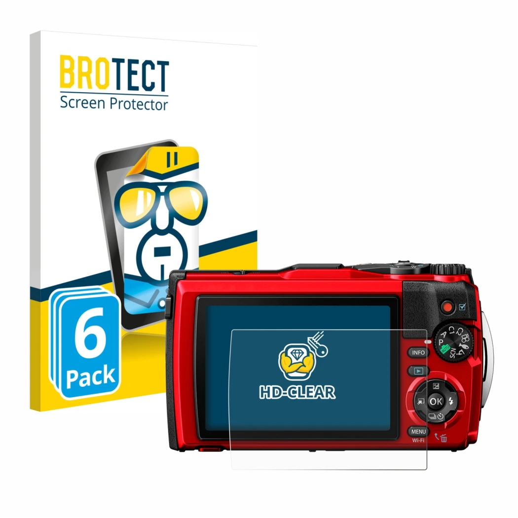 Front side of a product packaging with the brand logo BROTECT. Next to it is the device Olympus Tough TG-6 shown with the corr