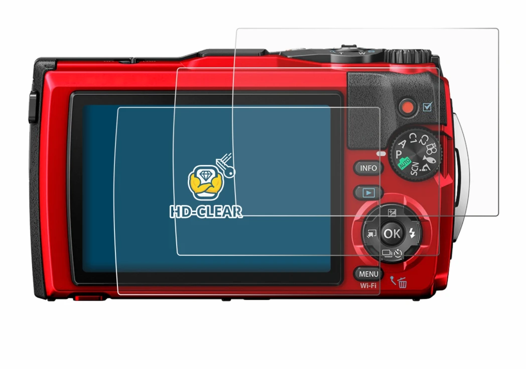 Image of the device Olympus Tough TG-6 with a wide variety of screen protectors.