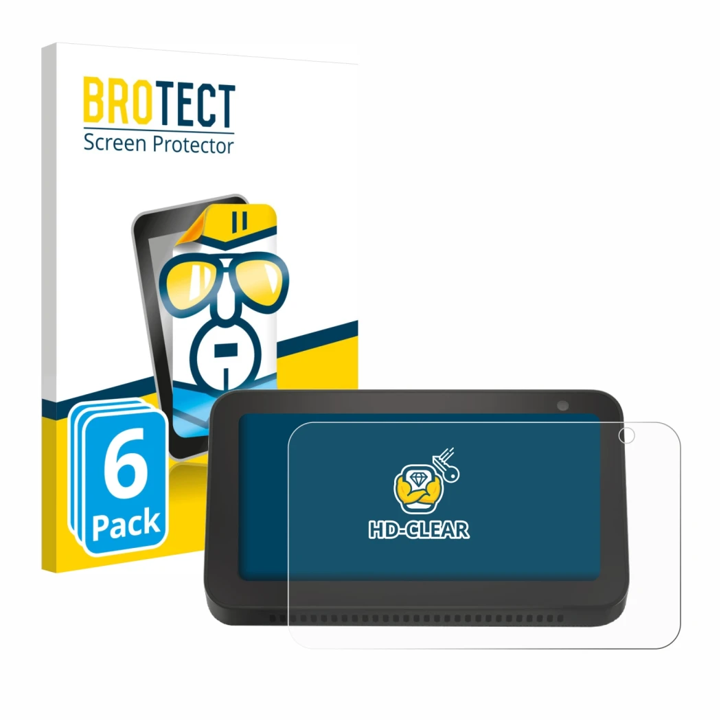 Front side of a product packaging with the brand logo BROTECT. Next to it is the device Amazon Echo Show 5 (2nd Gen.) shown wi