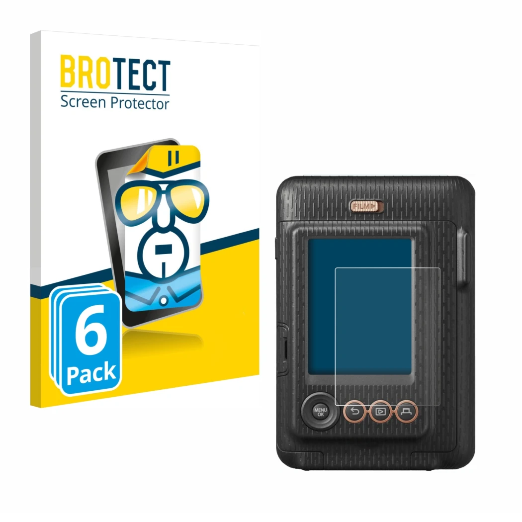 Front side of a product packaging with the brand logo BROTECT. Next to it is the device Fujifilm Instax Mini LiPlay shown with