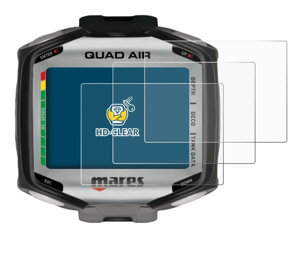 Image of the device Mares Quad Air with a wide variety of screen protectors.