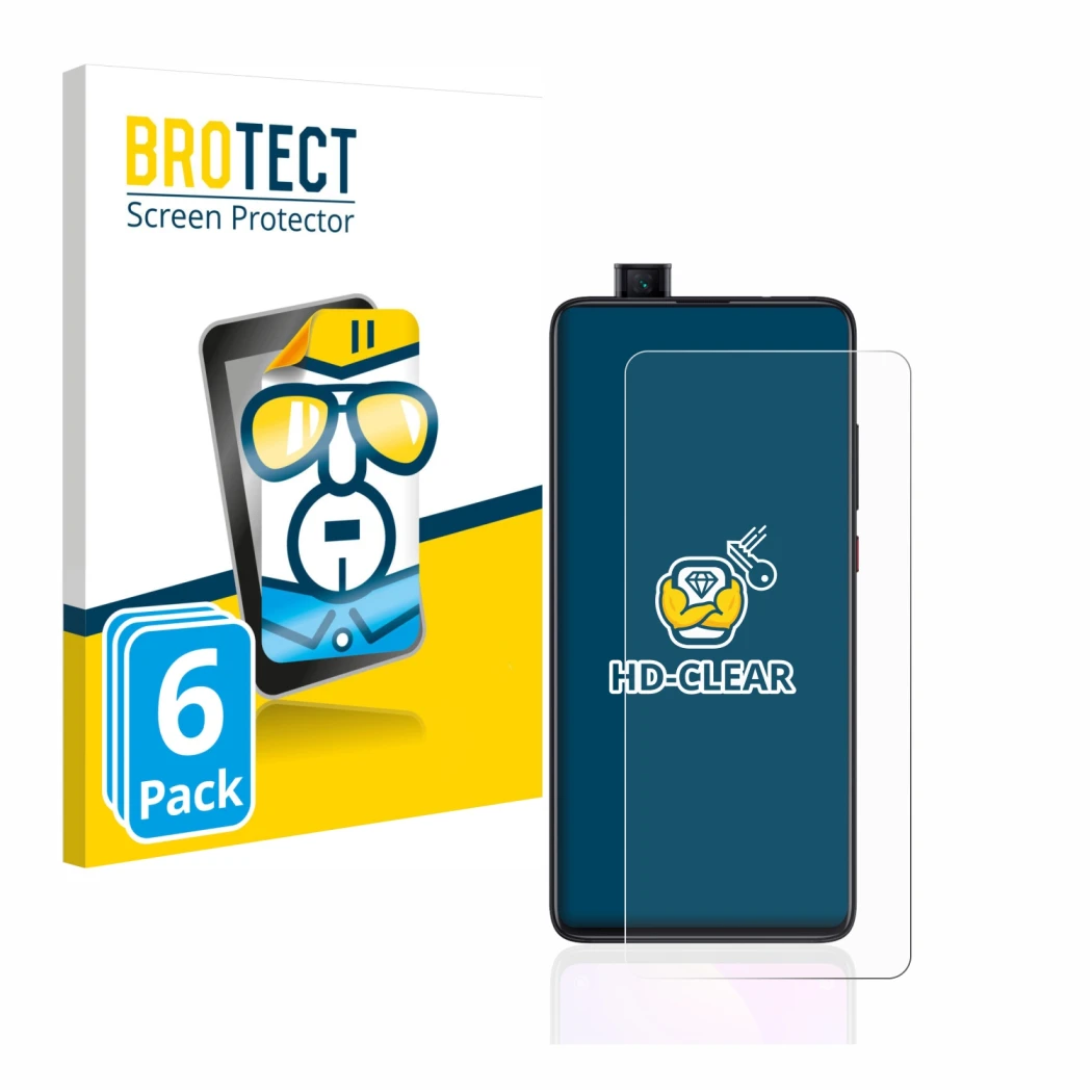 Front side of a product packaging with the brand logo BROTECT. Next to it is the device Xiaomi Mi 9T Pro shown with the corres