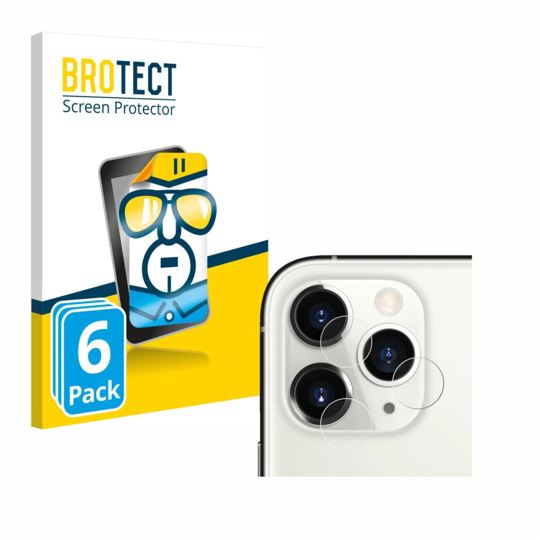 Front side of a product packaging with the brand logo BROTECT. Next to it is the device Apple iPhone 11 Pro (ONLY Camera Lens)