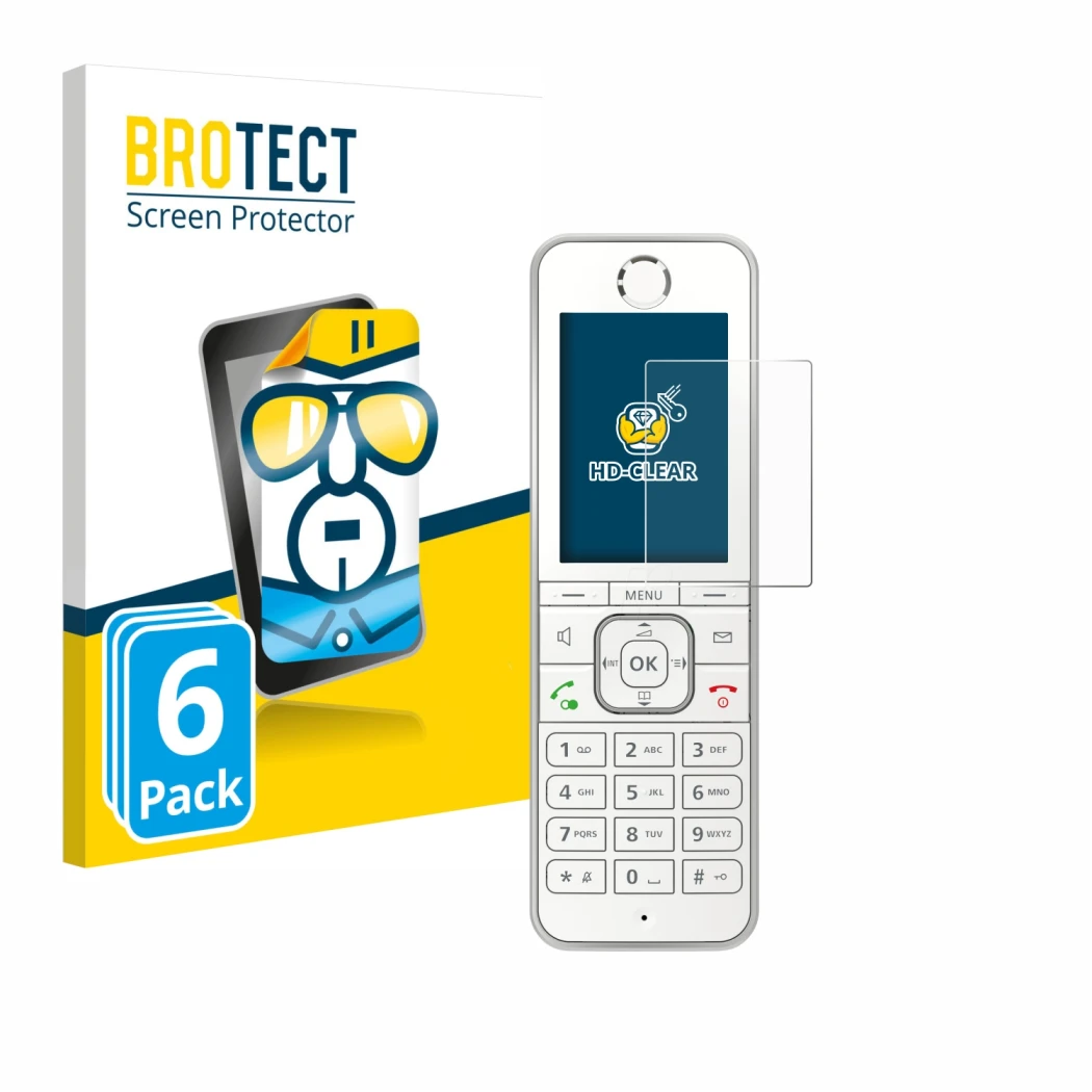Front side of a product packaging with the brand logo BROTECT. Next to it is the device AVM Fritz!Fon C6 shown with the corres
