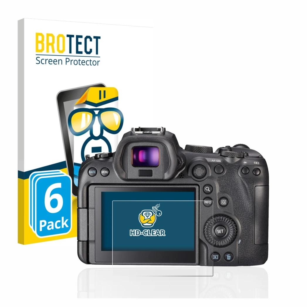 Front side of a product packaging with the brand logo BROTECT. Next to it is the device Canon EOS R6 shown with the correspond