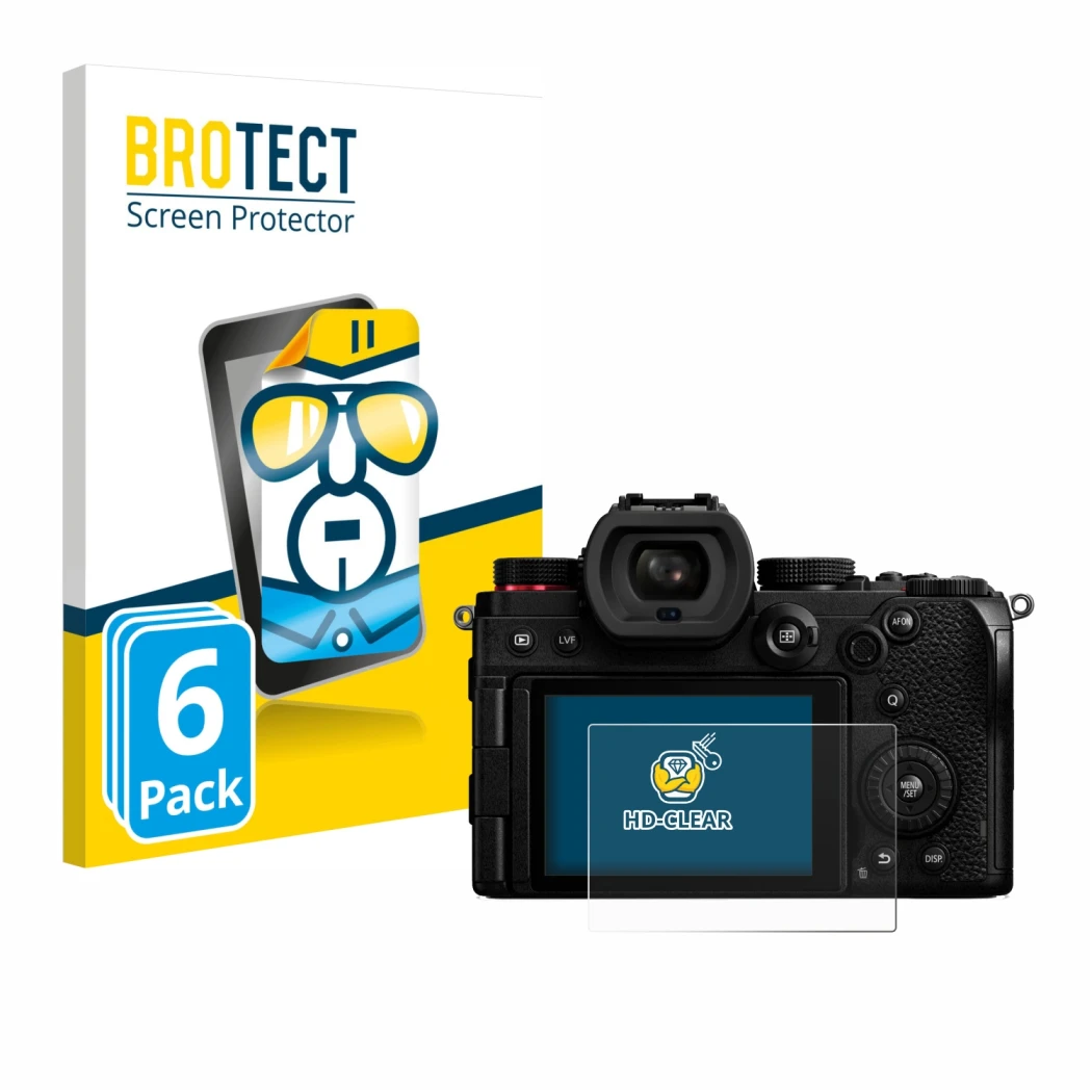 Front side of a product packaging with the brand logo BROTECT. Next to it is the device Panasonic Lumix DC-S5 shown with the c