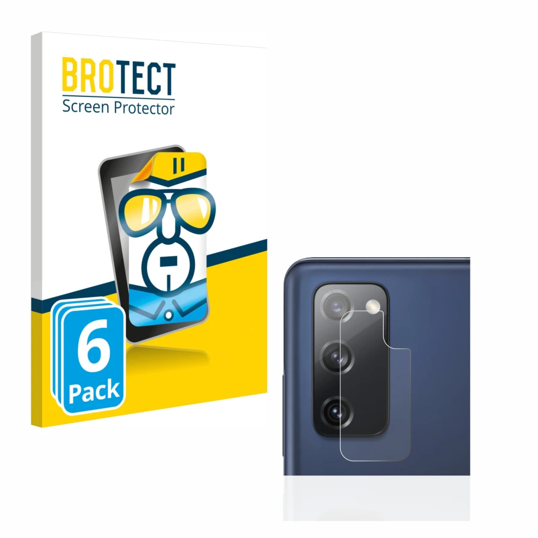 Front side of a product packaging with the brand logo BROTECT. Next to it is the device Samsung Galaxy S20 FE (ONLY Camera Len