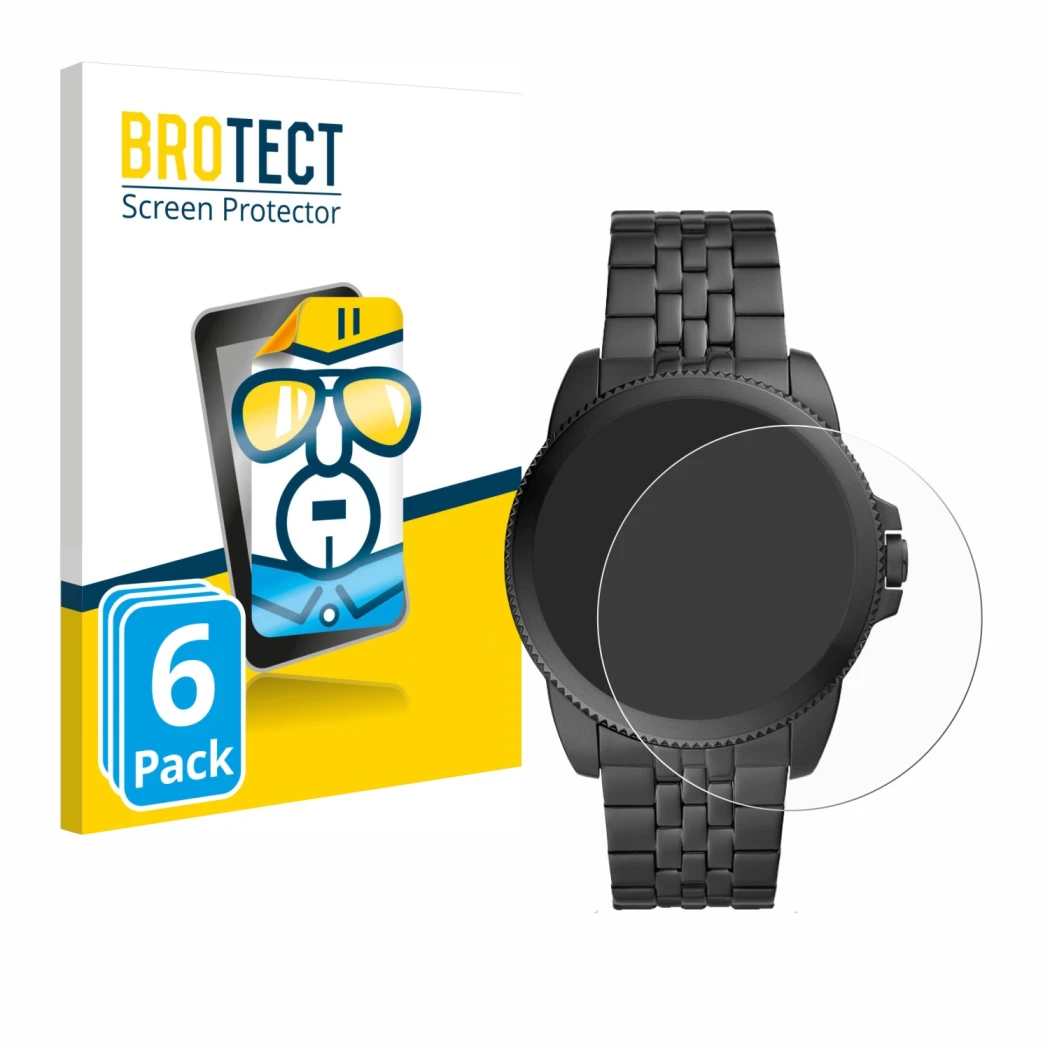 Front side of a product packaging with the brand logo BROTECT. Next to it is the device Fossil Gen 5E shown with the correspon