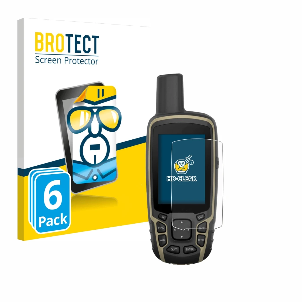 Front side of a product packaging with the brand logo BROTECT. Next to it is the device Garmin GPSMAP 65s shown with the corre