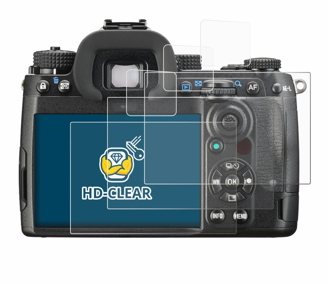 Image of the device Pentax K-3 Mark III with a wide variety of screen protectors.
