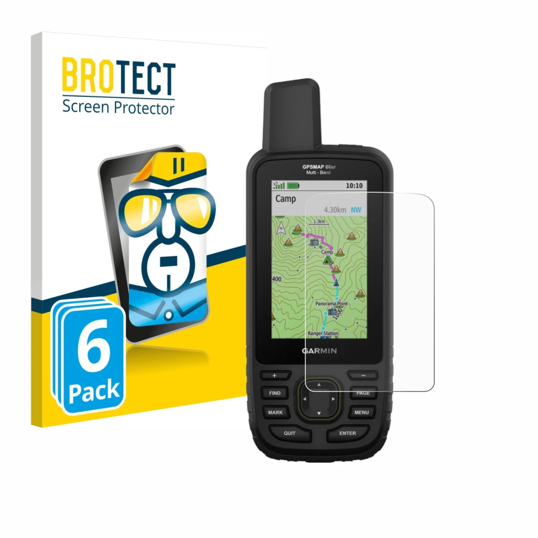 Front side of a product packaging with the brand logo BROTECT. Next to it is the device Garmin GPSMAP 66sr shown with the corr