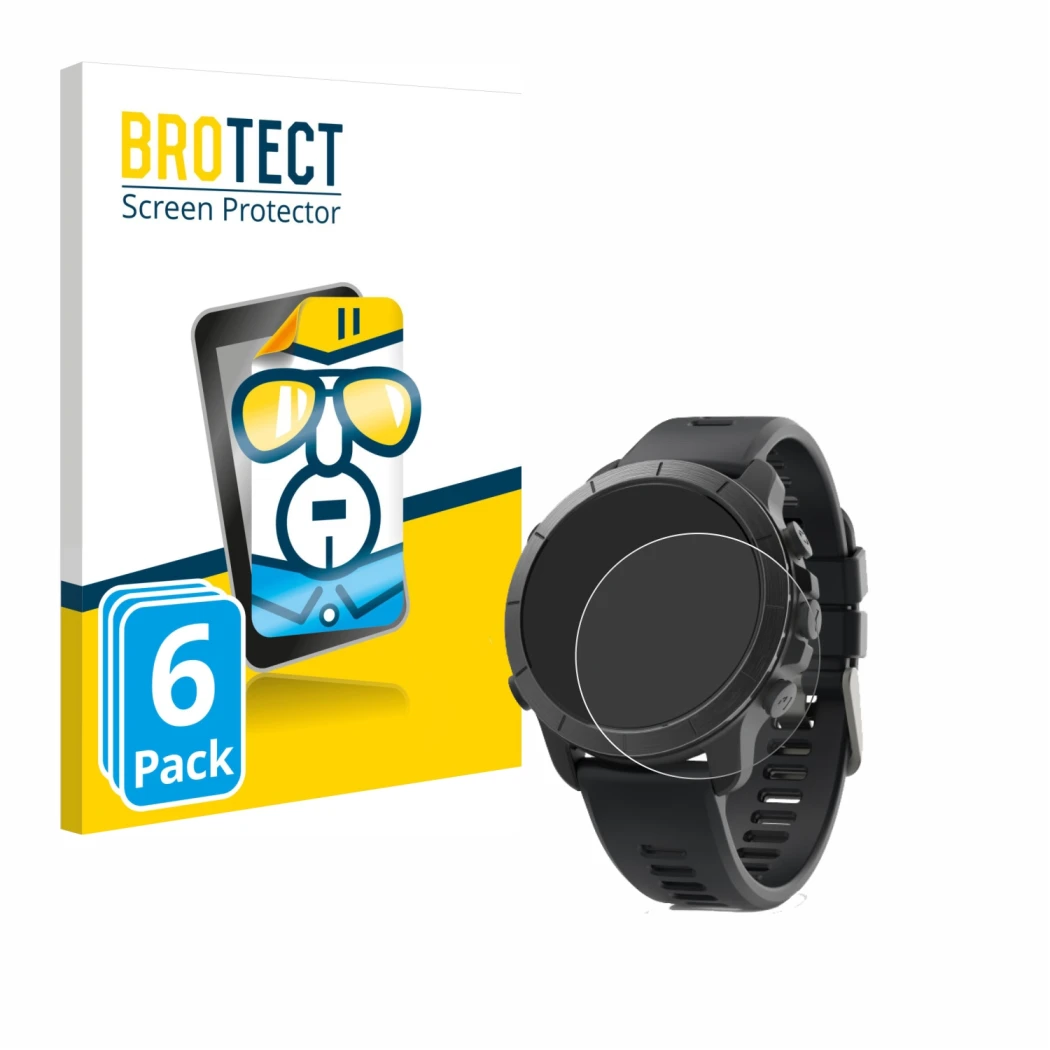 Front side of a product packaging with the brand logo BROTECT. Next to it is the device Wahoo Elemnt Rival shown with the corr