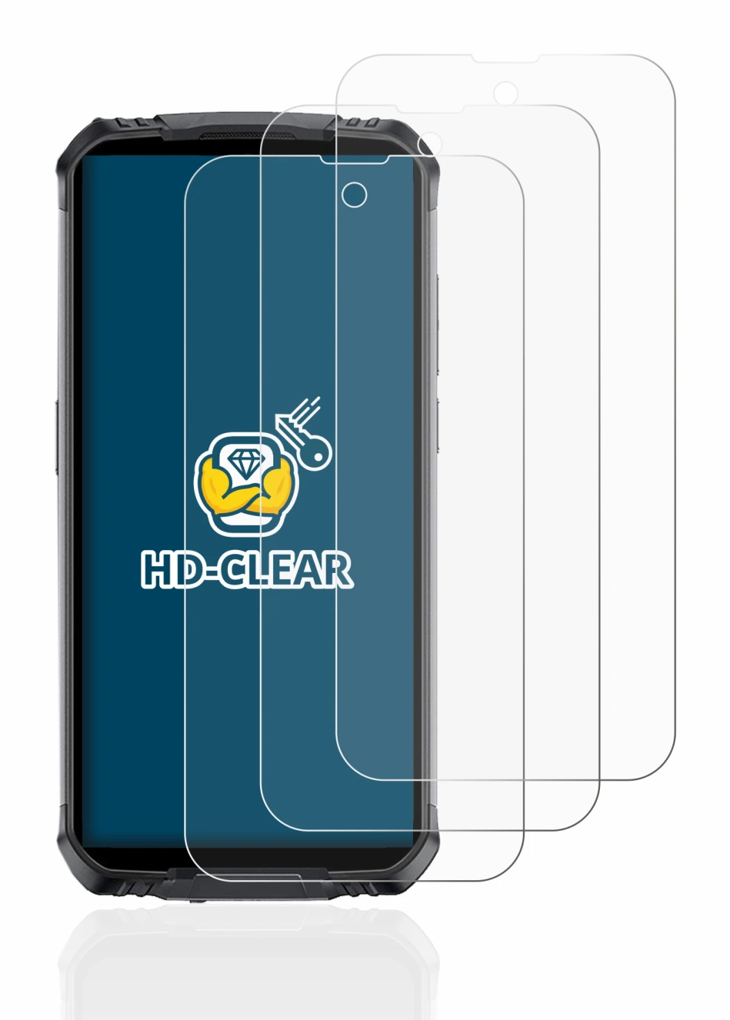 Image of the device Doogee S59 Pro with a wide variety of screen protectors.