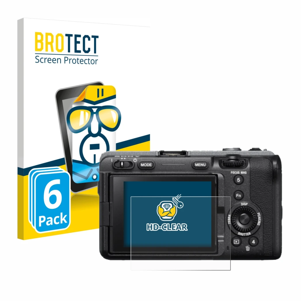 Front side of a product packaging with the brand logo BROTECT. Next to it is the device Sony FX3 shown with the corresponding