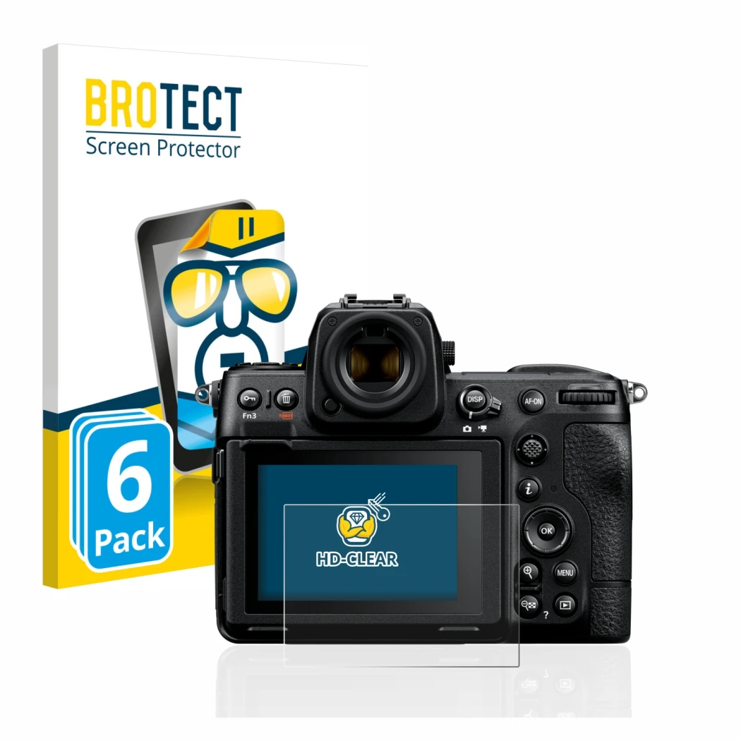 Front side of a product packaging with the brand logo BROTECT. Next to it is the device Nikon Z 8 shown with the corresponding
