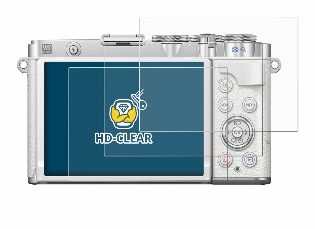 Image of the device Olympus PEN E-P7 with a wide variety of screen protectors.