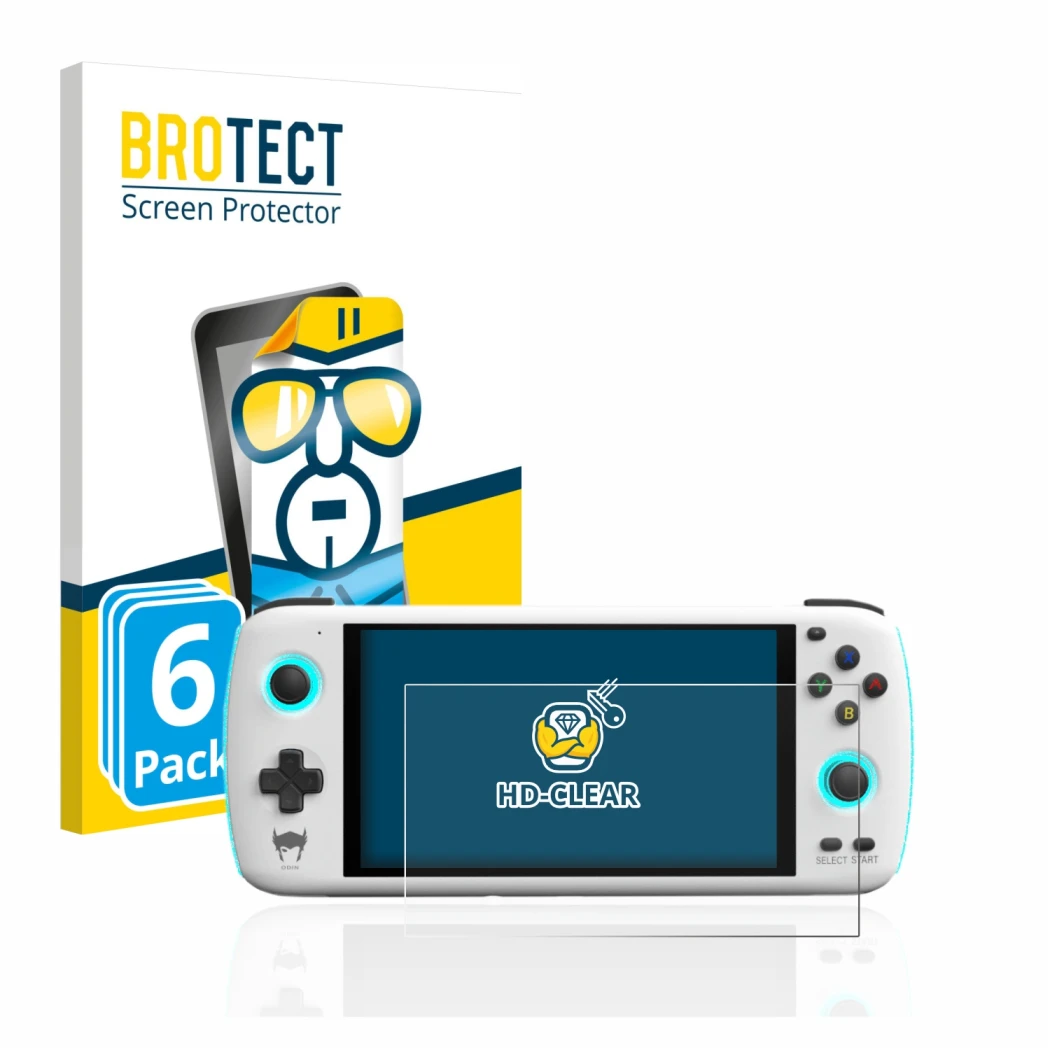 Front side of a product packaging with the brand logo BROTECT. Next to it is the device AYN Odin shown with the corresponding 